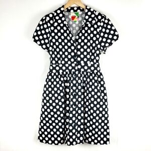 Modcloth Fervour Black White Polka Dot Button Down Stretch Cotton Midi Dress L